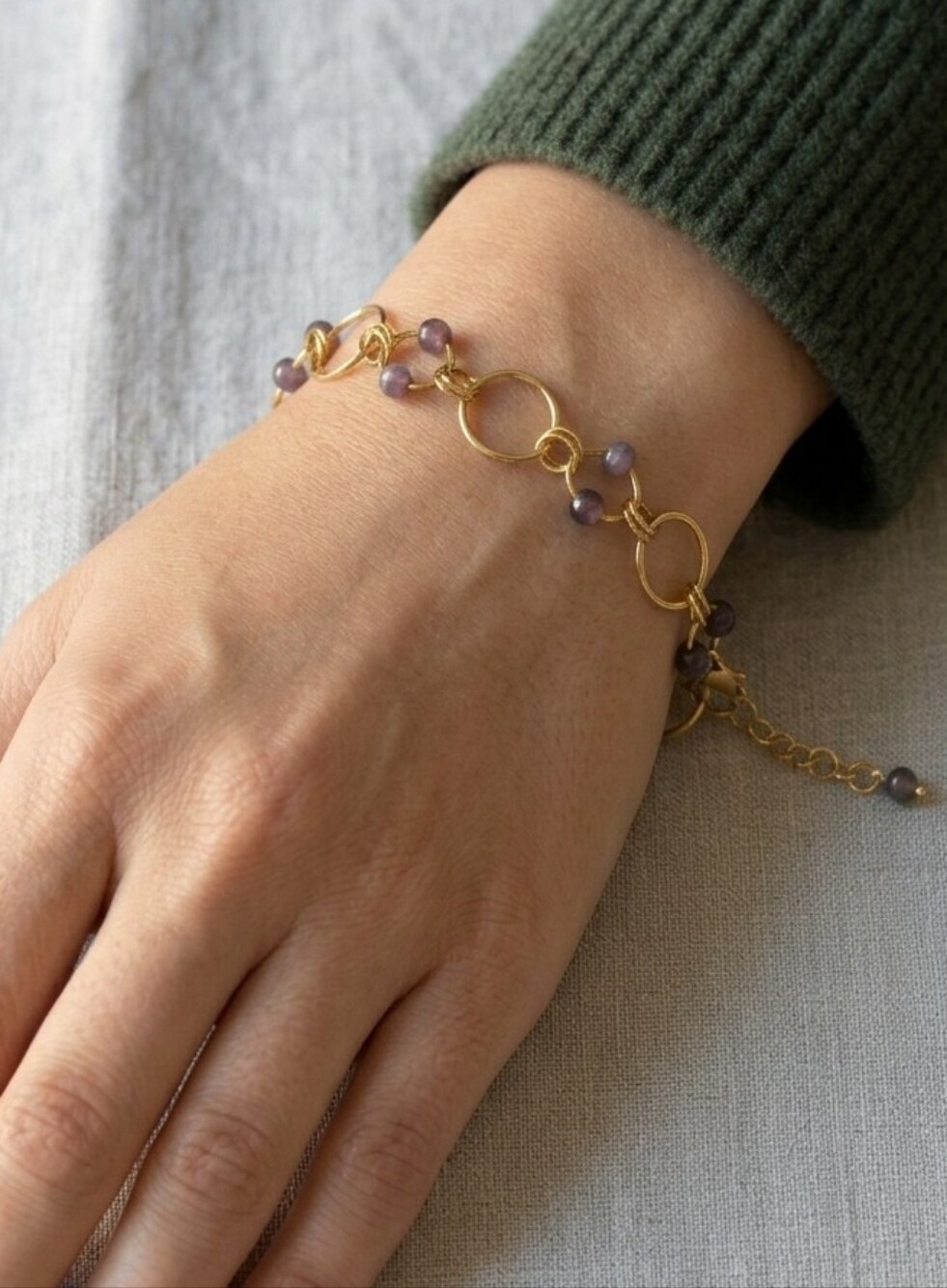 Handmade Gold Tone Chain and Purple Glass Bead Bracelet